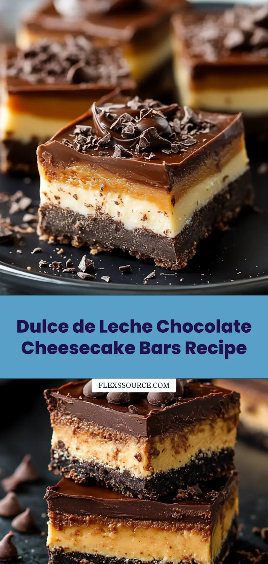 Dulce de Leche Chocolate Cheesecake Bars Pinterest image, clean and uncluttered