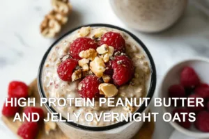 HIGH PROTEIN PEANUT BUTTER AND JELLY OVERNIGHT OATS centered hero view, clean and uncluttered