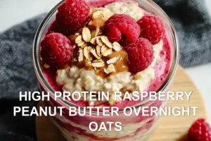 HIGH PROTEIN RASPBERRY PEANUT BUTTER OVERNIGHT OATS centered hero view, clean and uncluttered