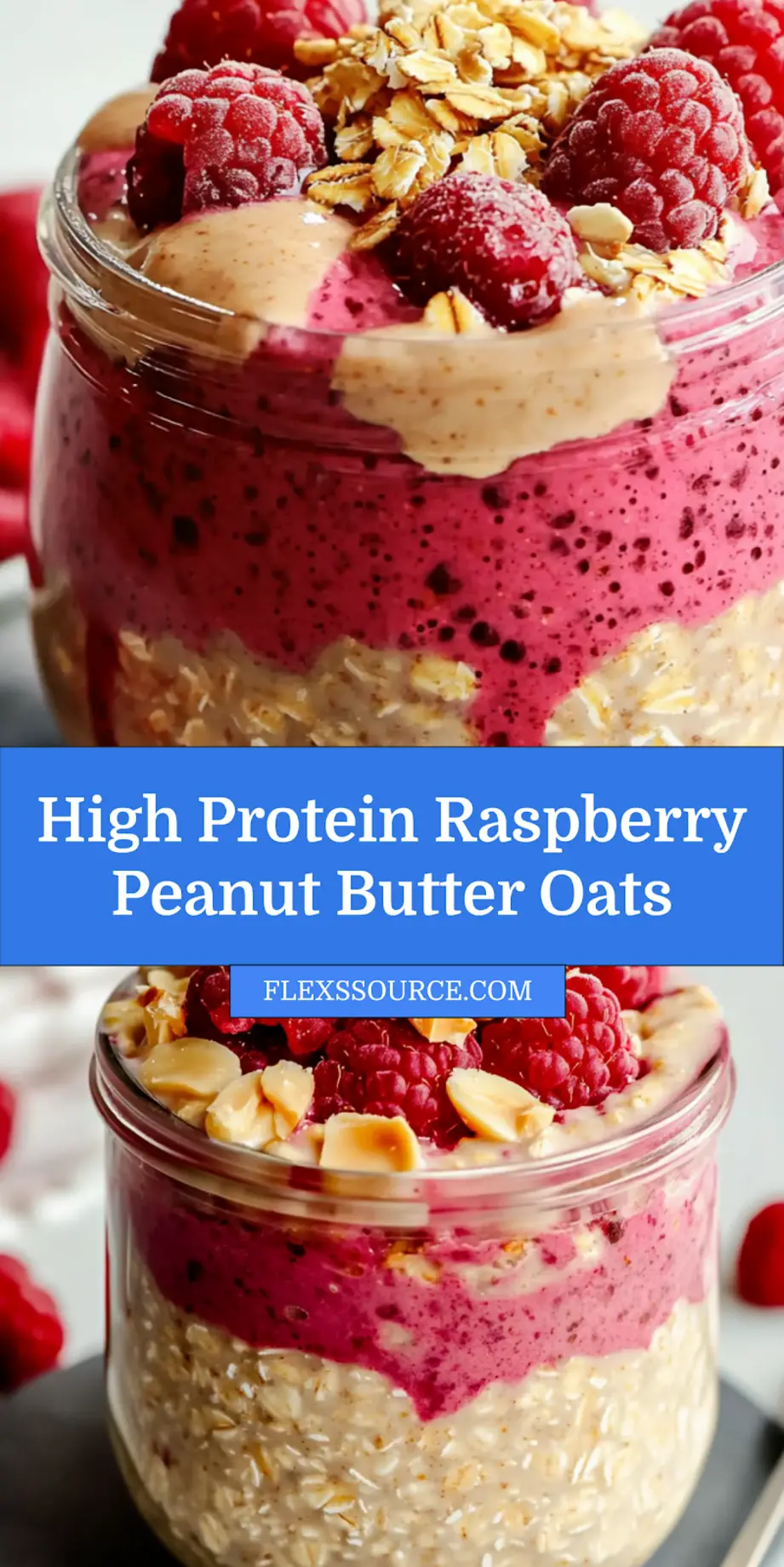 HIGH PROTEIN RASPBERRY PEANUT BUTTER OVERNIGHT OATS centered hero view, clean and uncluttered_pin