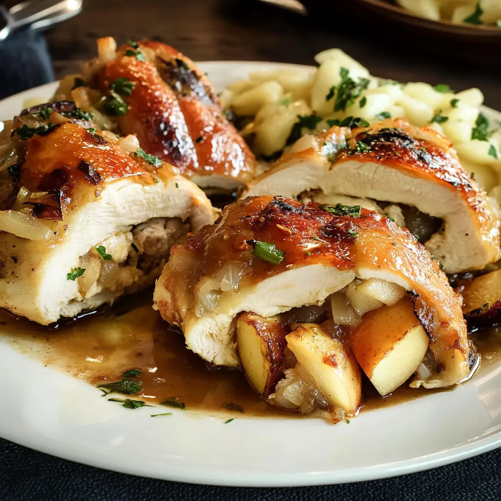Apple stuffed chicken breast centered hero view, clean and uncluttered