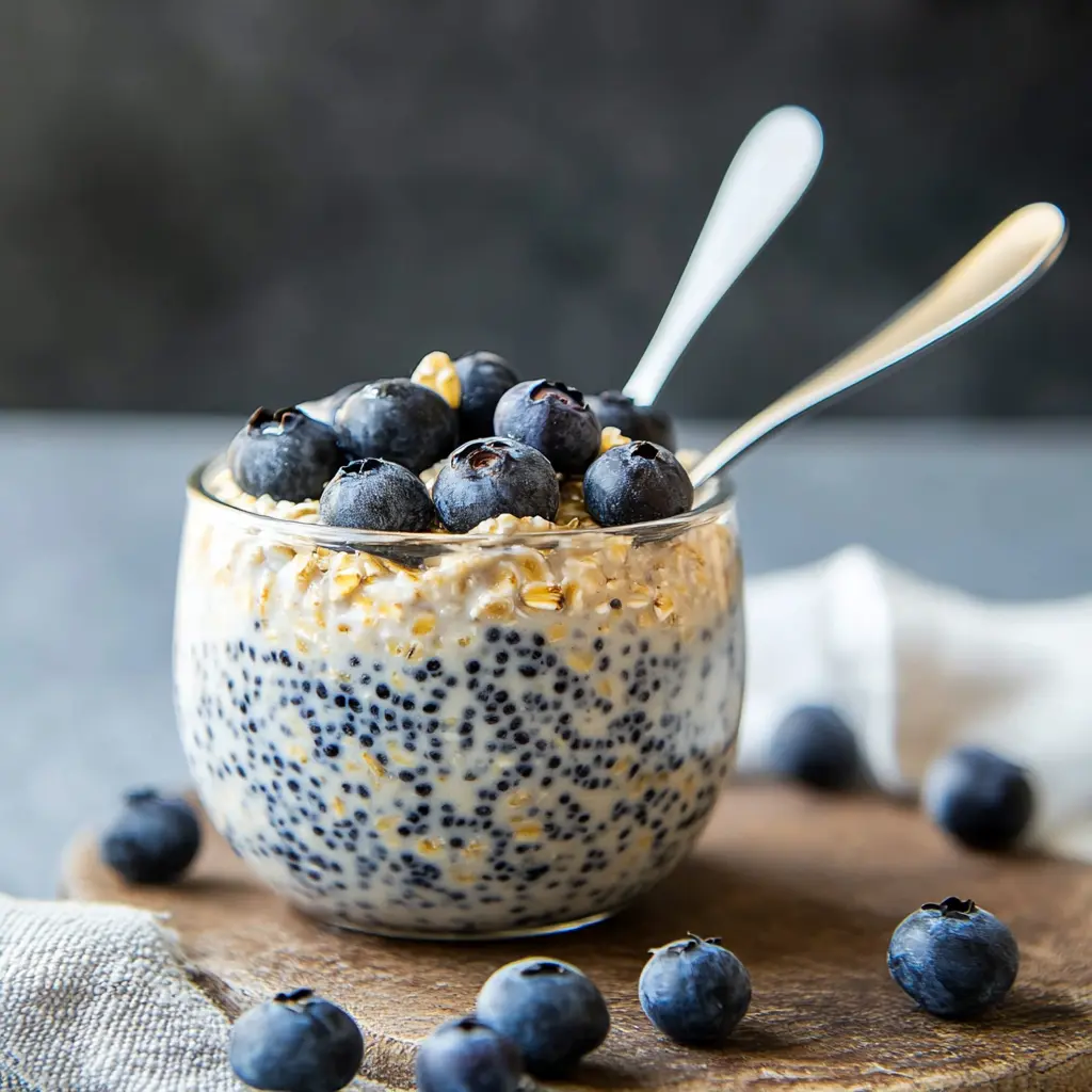 Blueberry chia overnight oats ingredients displayed in a clean centered hero view