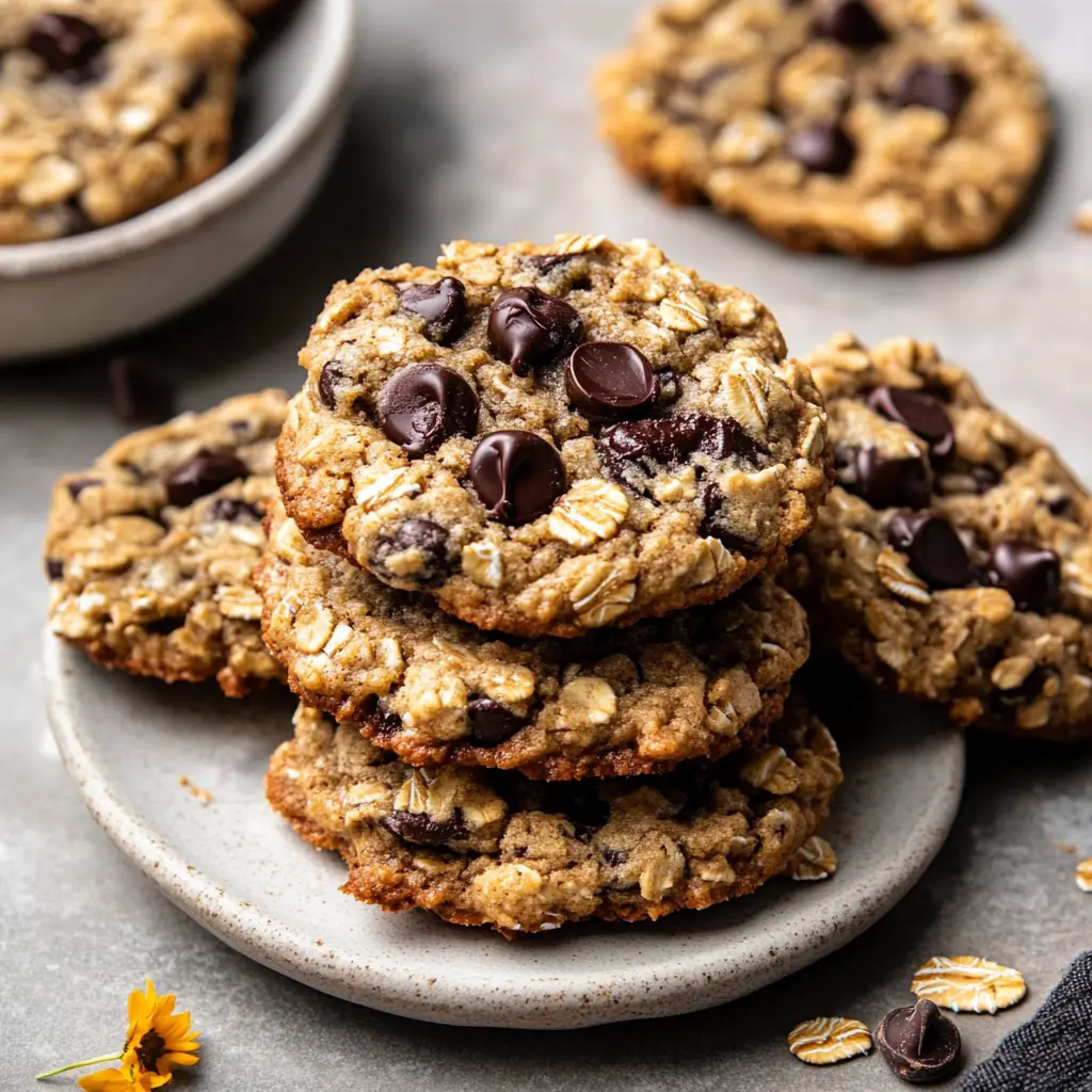 Brown butter oatmeal chocolate chip cookies ingredients arranged on a clean surface