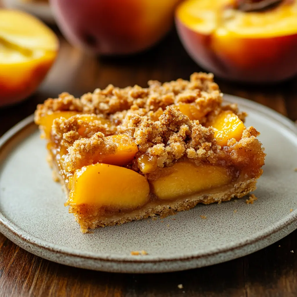 Brown sugar peach crumble pie bars with buttery crust and golden oat topping