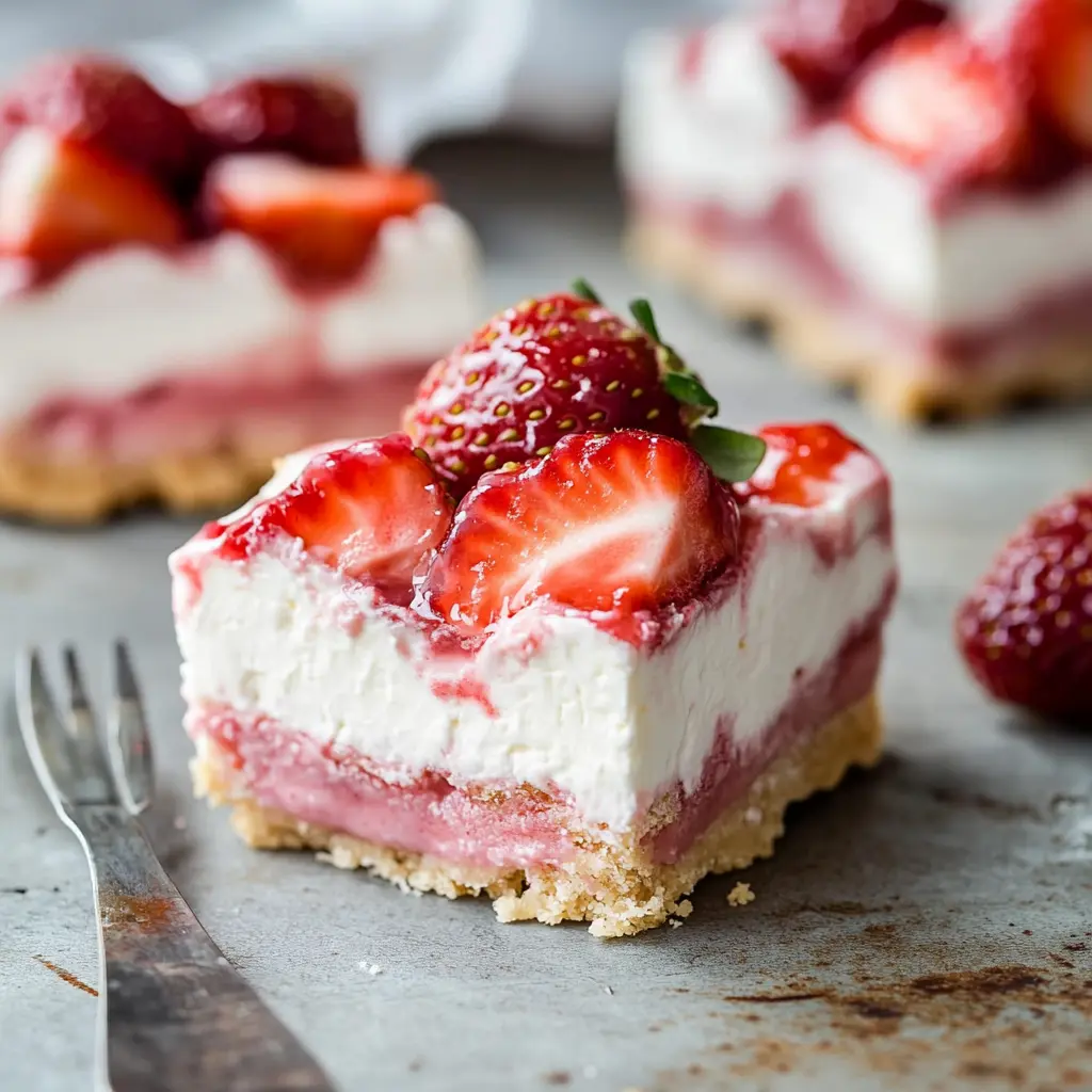 Creamy Strawberry Cheesecake Bars with fresh strawberry topping and cream cheese filling