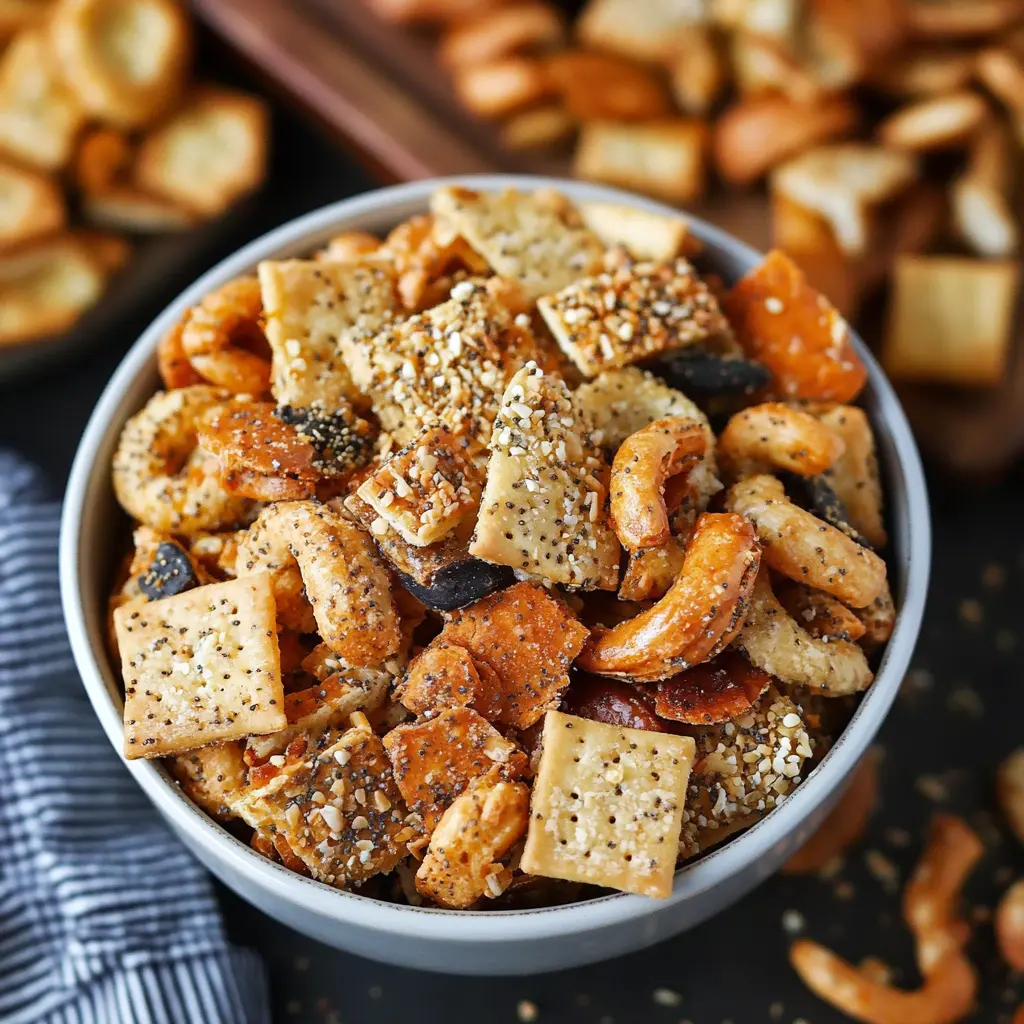 How to Make Everything Bagel Chex Mix in 15 Minutes 3 Everything Bagel Chex Mix ingredients arranged for recipe preparation