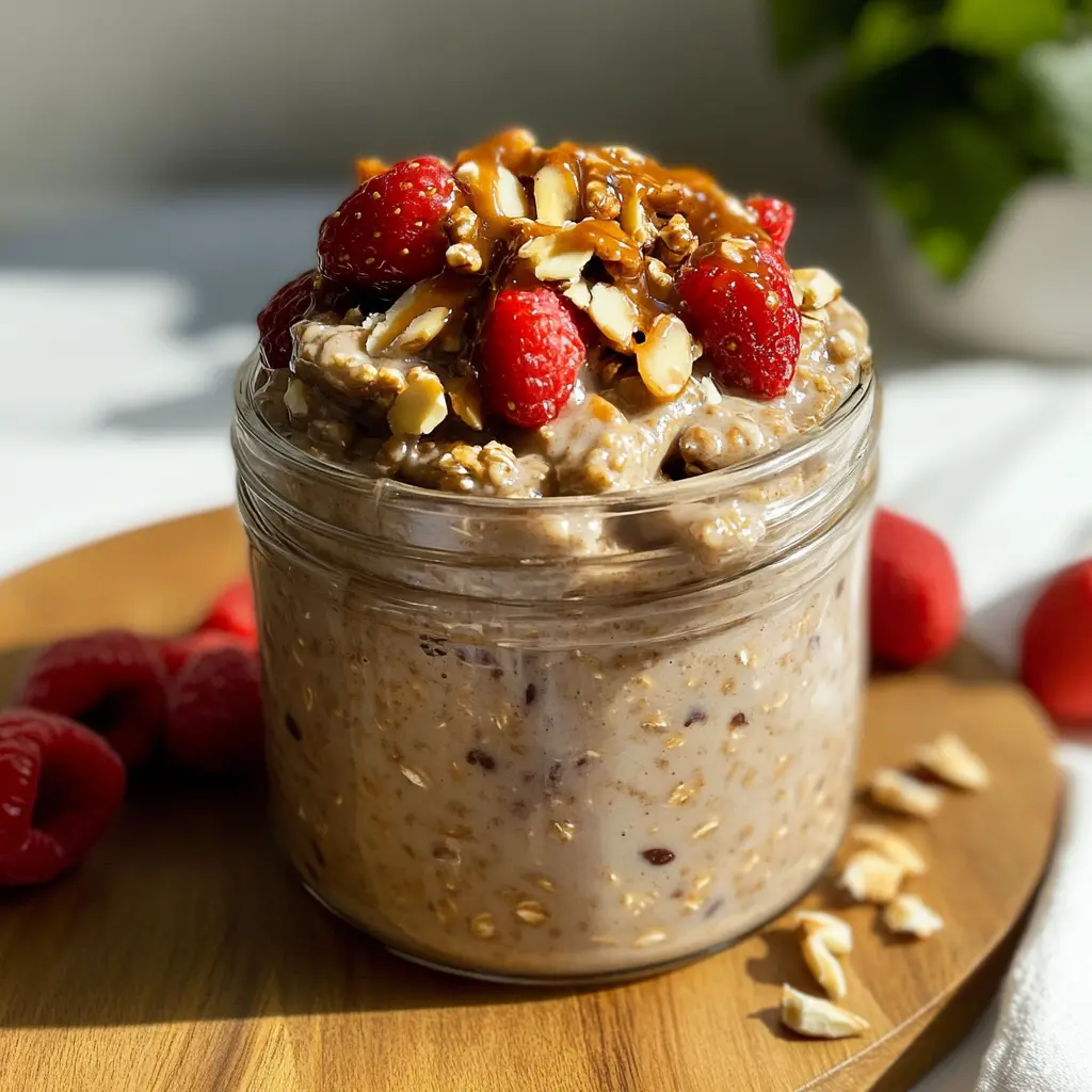 High protein peanut butter and jelly overnight oats ingredients arranged in a clean centered hero view