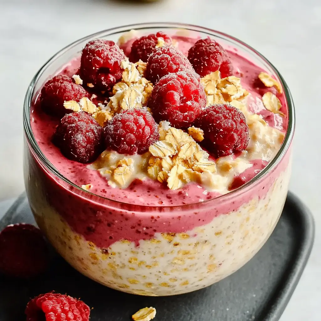 HIGH PROTEIN RASPBERRY PEANUT BUTTER OVERNIGHT OATS centered hero view, clean and uncluttered