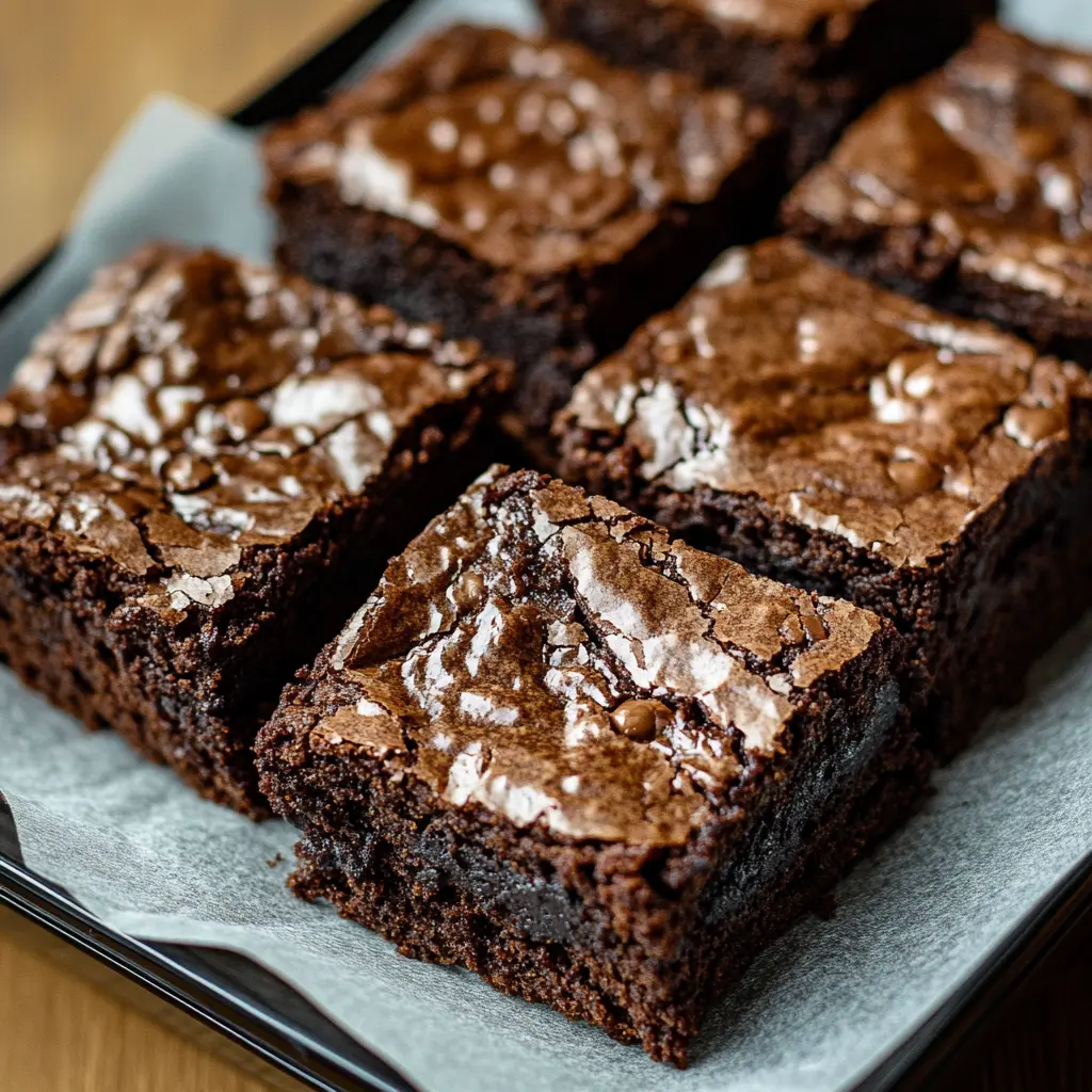 Homemade box brownies with fudgy center and crackly top on white plate