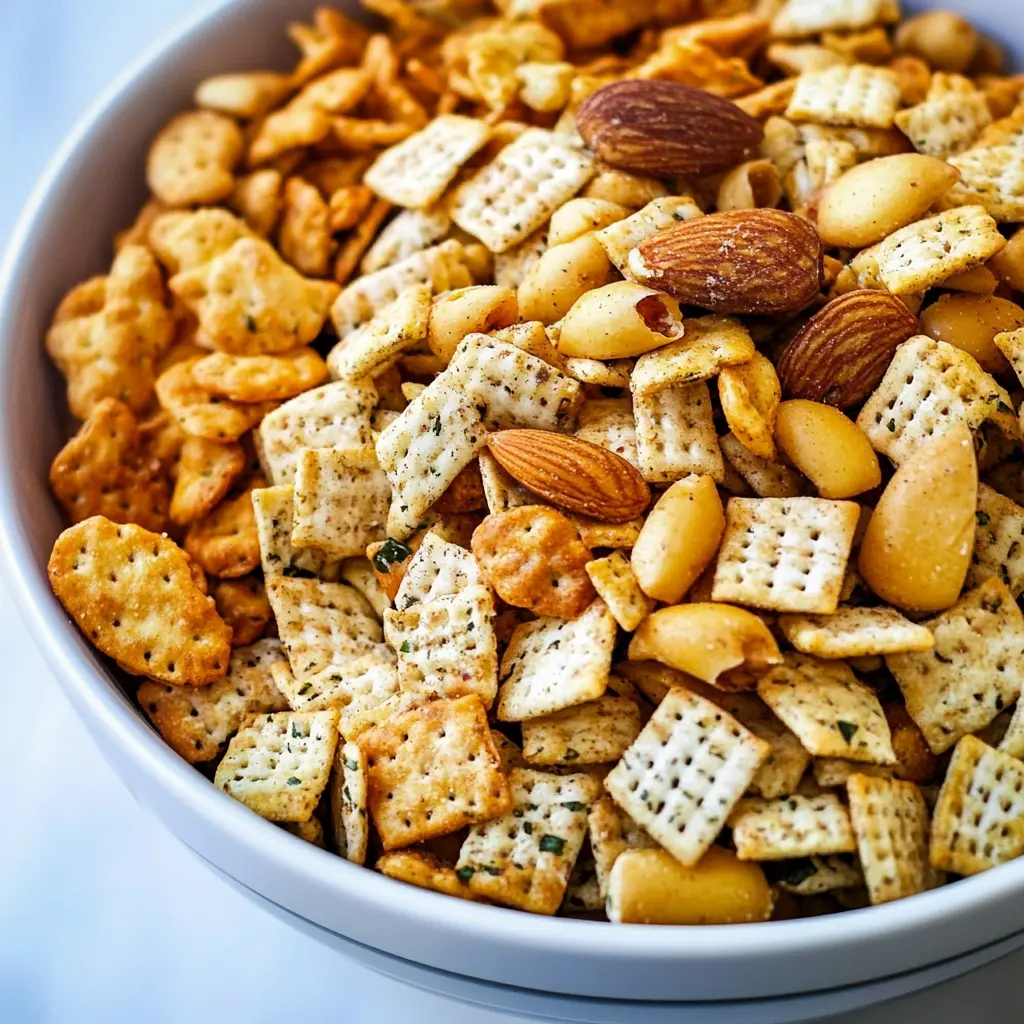 HOMEMADE RANCH CHEX MIX RECIPE centered hero view, clean and uncluttered