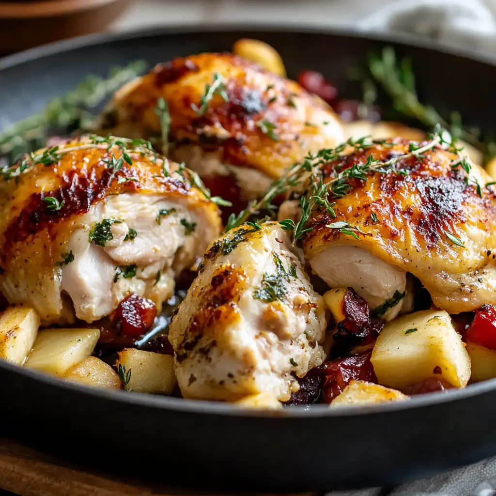 ONE-PAN APPLE BRIE CHICKEN centered hero view, clean and uncluttered