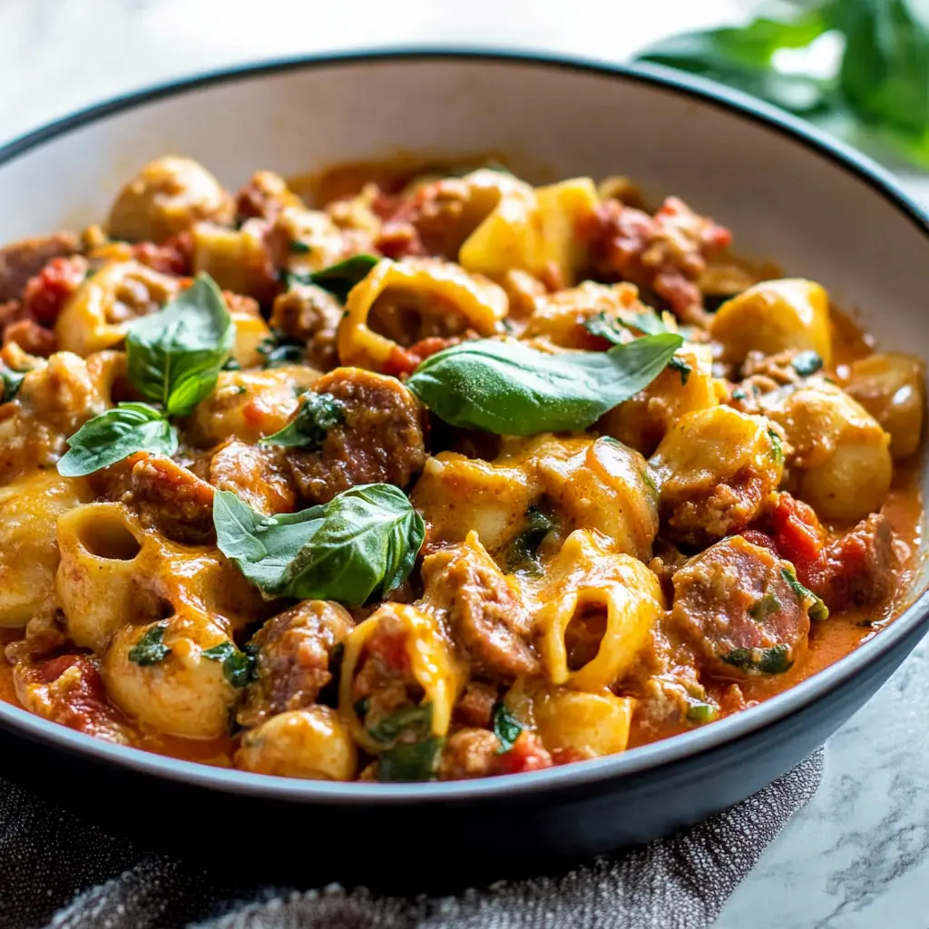 ONE POT CREAMY SAUSAGE AND TOMATO TORTELLINI centered hero view, clean and uncluttered