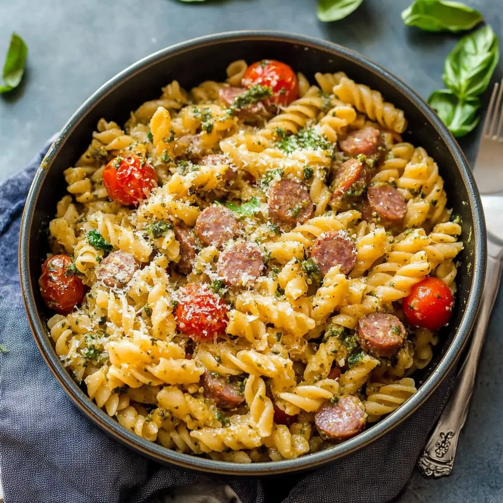 Easy One Pot Sausage Tomato and Pesto Pasta for Busy Nights 3 ONE POT SAUSAGE TOMATO AND PESTO PASTA centered hero view, clean and uncluttered