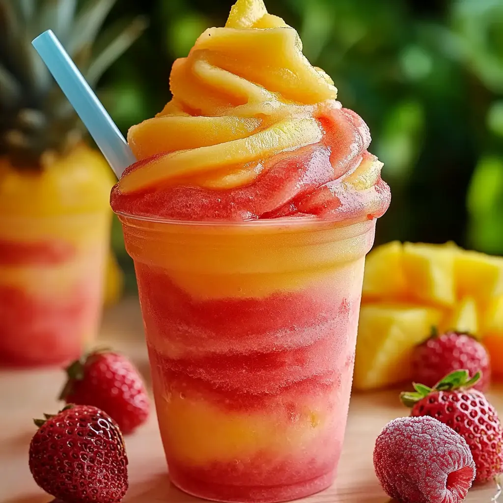 Pineapple strawberry swirled slushies in a clear glass, clean and uncluttered presentation