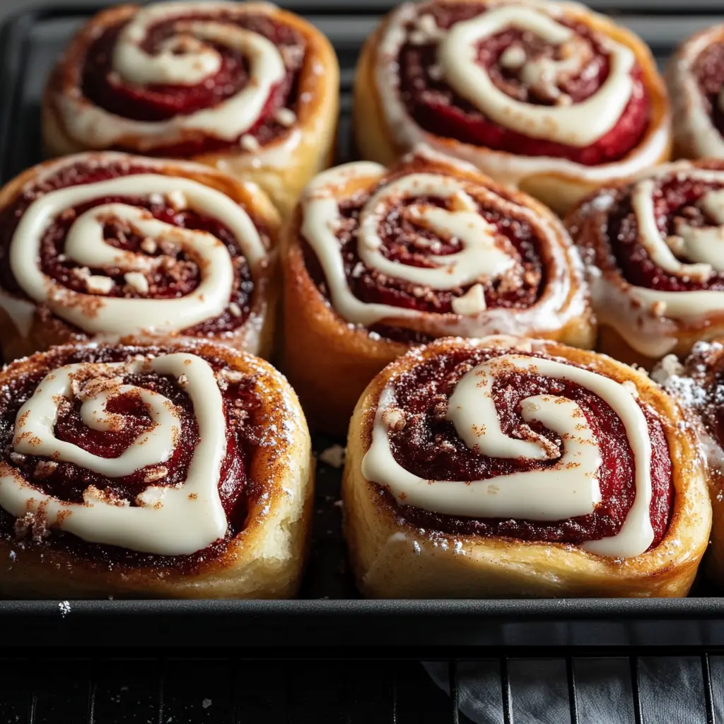 Close-up of ingredients for red velvet cinnamon rolls laid out neatly
