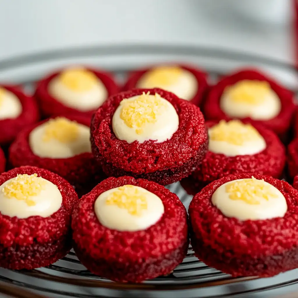 RED VELVET CREAM CHEESE THUMBPRINT COOKIES centered hero view, clean and uncluttered