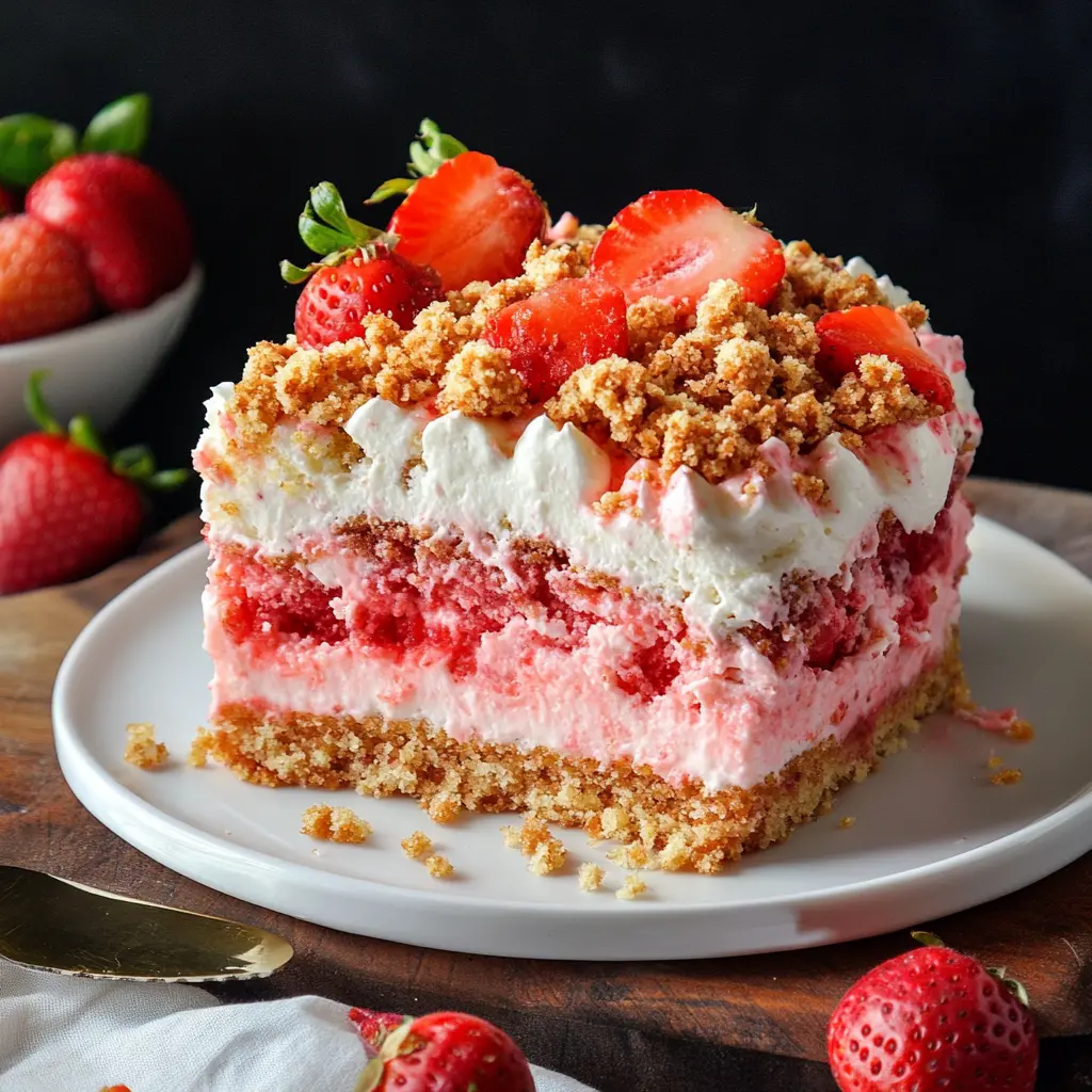 How to Make Strawberry Crunch Poke Cake Deliciously 3 STRAWBERRY CRUNCH POKE CAKE centered hero view, clean and uncluttered