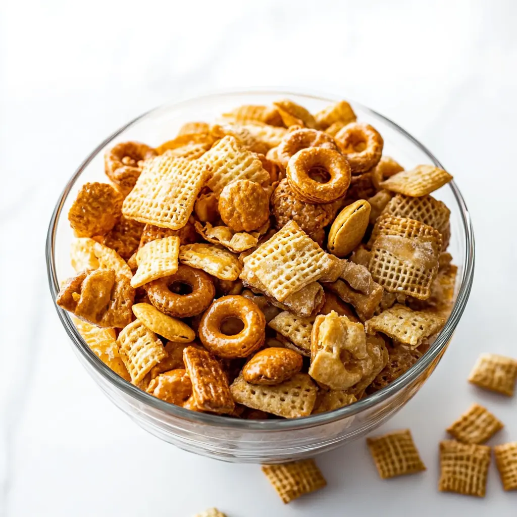 Sweet and salty Chex mix ingredients displayed in a clean, centered hero view