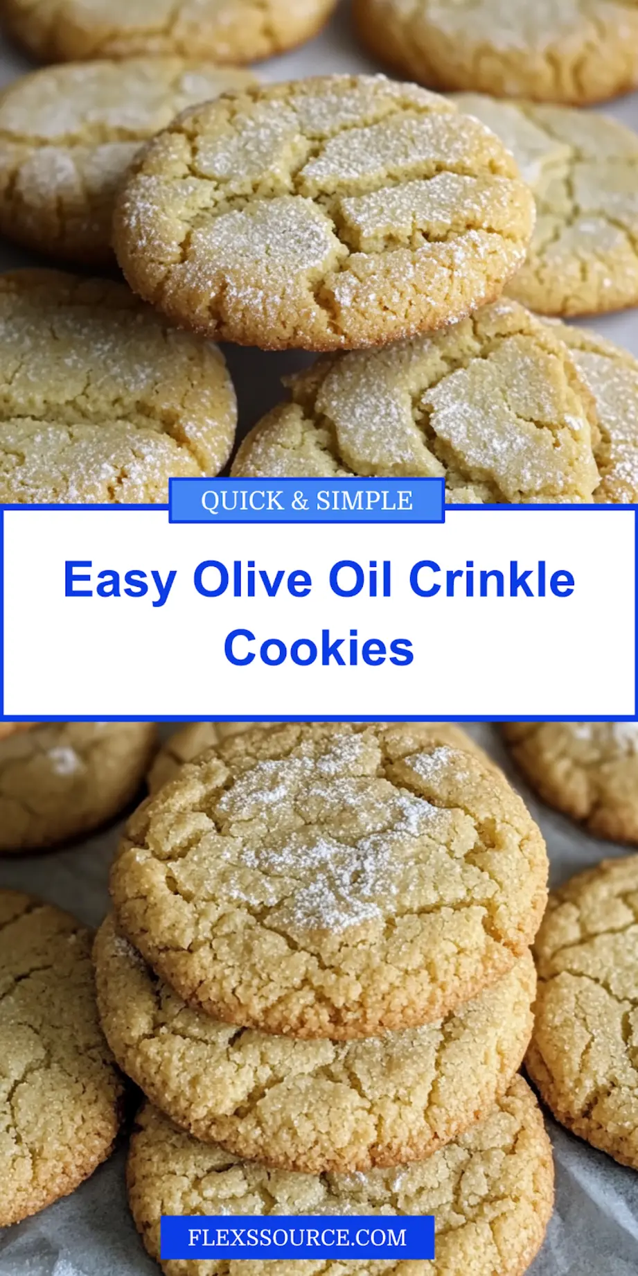 Olive oil crinkle cookies stacked and ready for sharing, showing beautiful crackled powdered sugar tops