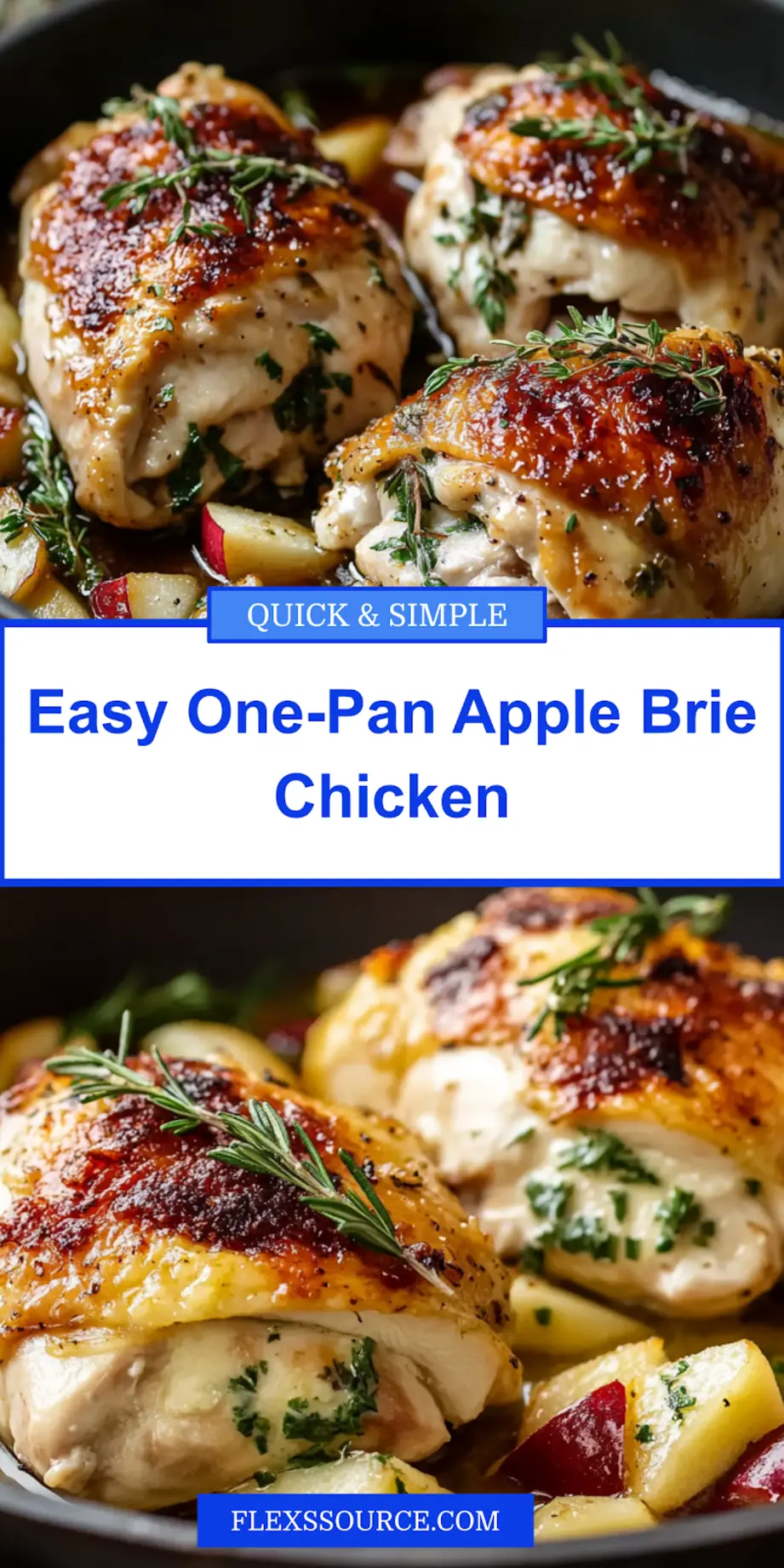 ONE-PAN APPLE BRIE CHICKEN centered hero view, clean and uncluttered_pin