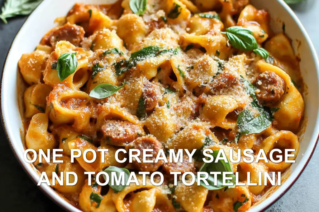 ONE POT CREAMY SAUSAGE AND TOMATO TORTELLINI centered hero view, clean and uncluttered