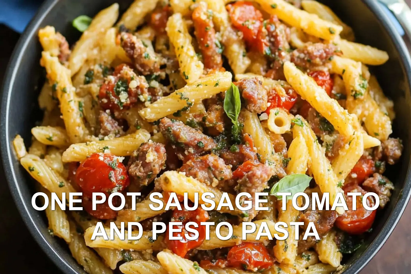 Easy One Pot Sausage Tomato and Pesto Pasta for Busy Nights 2 ONE POT SAUSAGE TOMATO AND PESTO PASTA centered hero view, clean and uncluttered