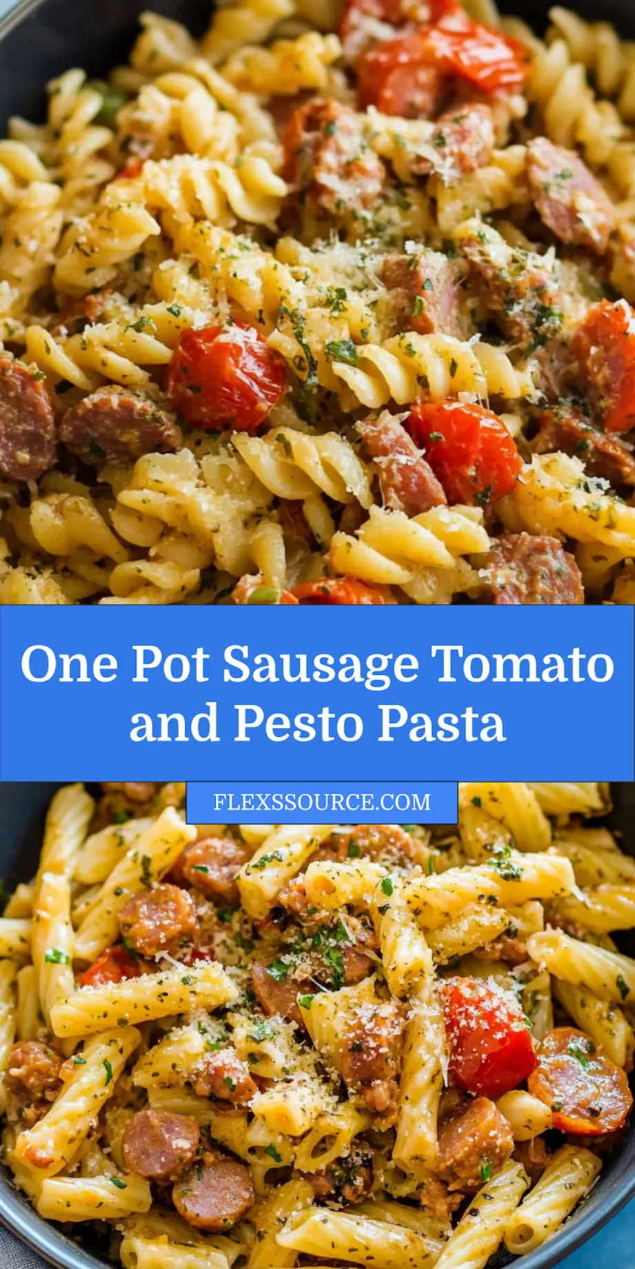 Easy One Pot Sausage Tomato and Pesto Pasta for Busy Nights 4 ONE POT SAUSAGE TOMATO AND PESTO PASTA centered hero view, clean and uncluttered