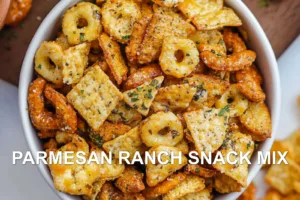 How to Make the Best Parmesan Ranch Snack Mix PARMESAN RANCH SNACK MIX centered hero view, clean and uncluttered