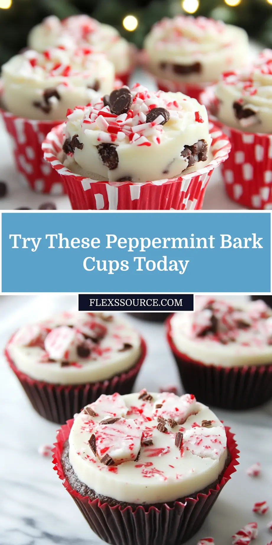 Completed peppermint bark cups in muffin liners, neatly presented