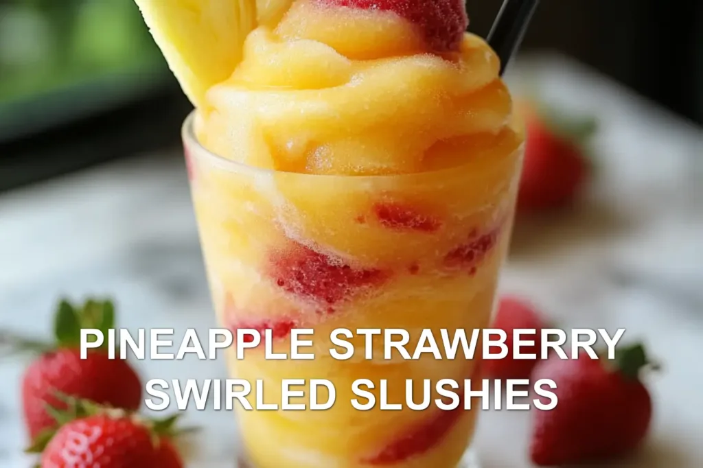 PINEAPPLE STRAWBERRY SWIRLED SLUSHIES centered hero view, clean and uncluttered