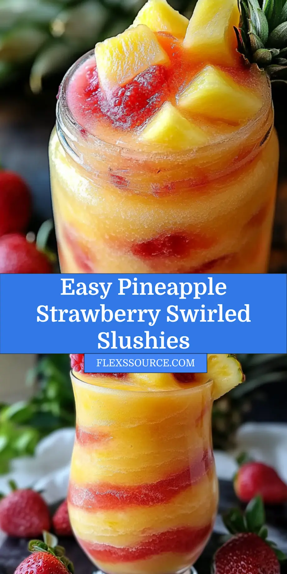 Close-up of Pineapple Strawberry Swirled Slushies in clear glass with vibrant layers