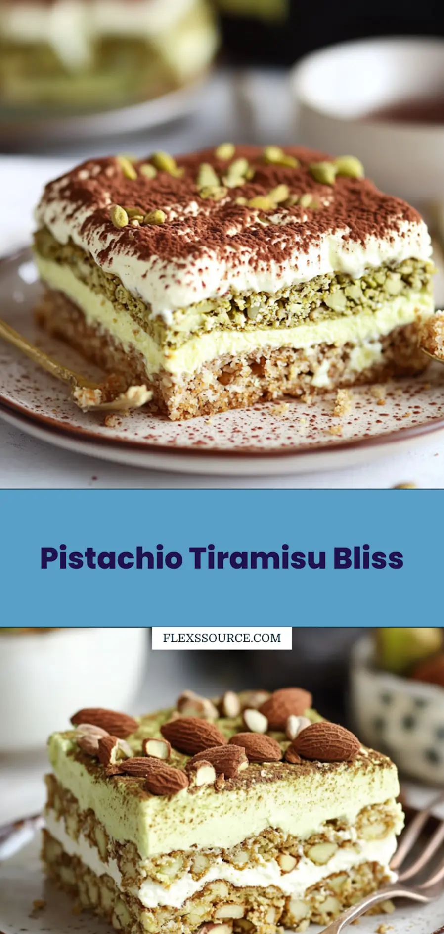 Close-up of pistachio tiramisu slice highlighting creamy layers and pistachio garnish