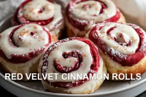 RED VELVET CINNAMON ROLLS centered hero view, clean and uncluttered