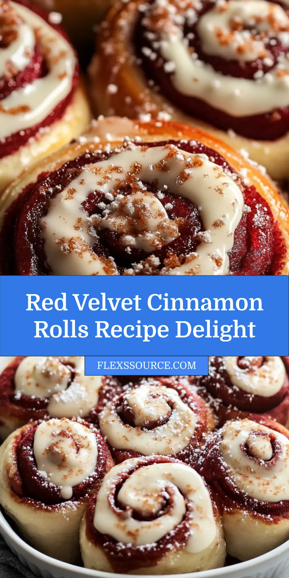 Close-up of finished red velvet cinnamon rolls with cream cheese glaze