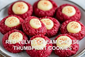 RED VELVET CREAM CHEESE THUMBPRINT COOKIES centered hero view, clean and uncluttered