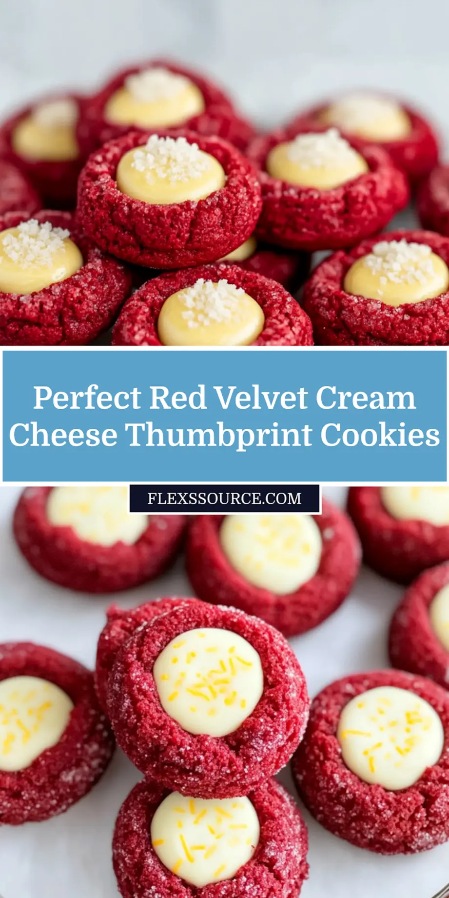 RED VELVET CREAM CHEESE THUMBPRINT COOKIES centered hero view, clean and uncluttered_pin