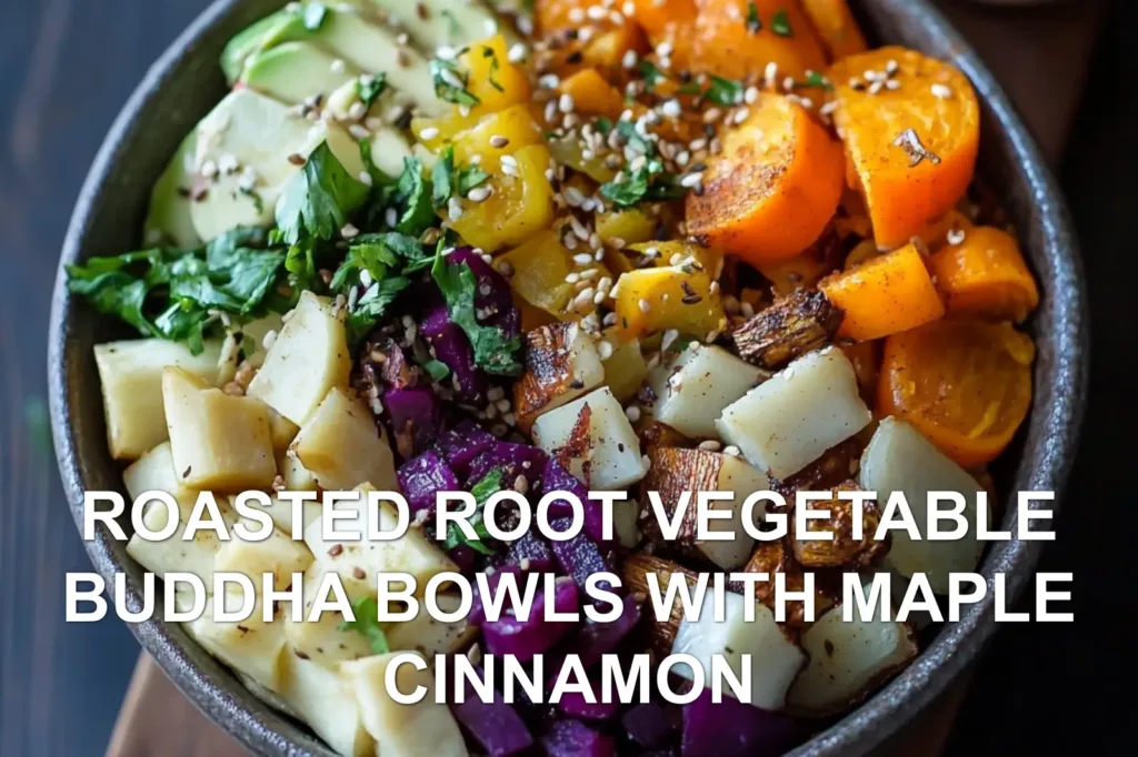ROASTED ROOT VEGETABLE BUDDHA BOWLS WITH MAPLE CINNAMON centered hero view, clean and uncluttered