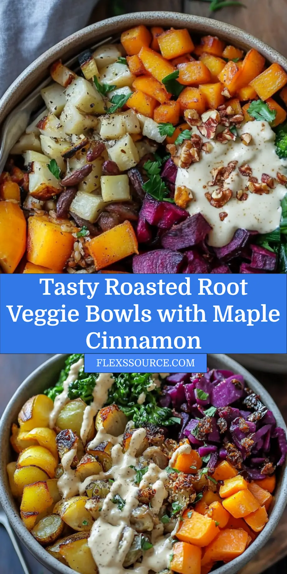 Roasted root vegetable Buddha bowls with maple cinnamon, clean and uncluttered, centered hero view