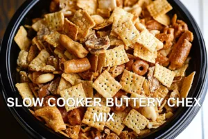 SLOW COOKER BUTTERY CHEX MIX centered hero view, clean and uncluttered