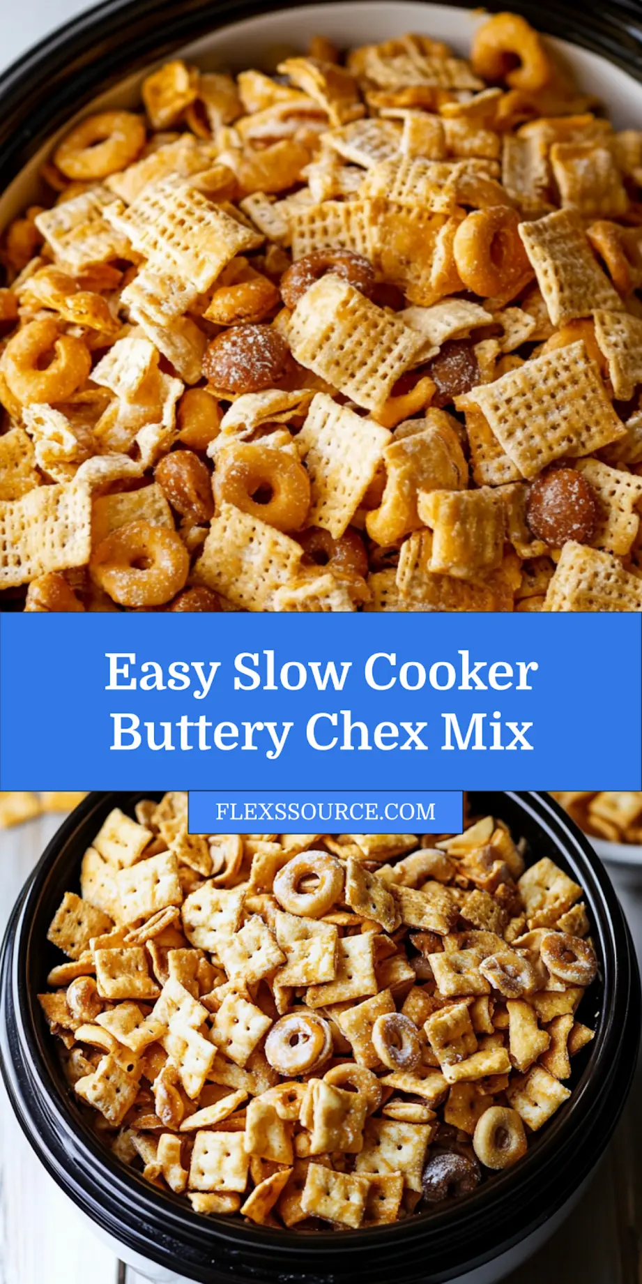 How to Make the Best Slow Cooker Buttery Chex Mix 4 Slow cooker buttery Chex mix Pinterest pin featuring golden crunchy mix