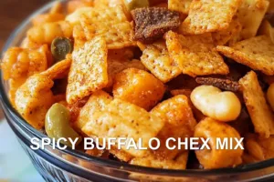 How to Make Spicy Buffalo Chex Mix in Minutes SPICY BUFFALO CHEX MIX centered hero view, clean and uncluttered
