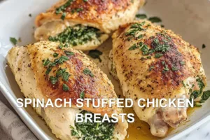 SPINACH STUFFED CHICKEN BREASTS centered hero view, clean and uncluttered