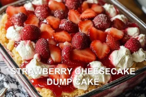 STRAWBERRY CHEESECAKE DUMP CAKE centered hero view, clean and uncluttered