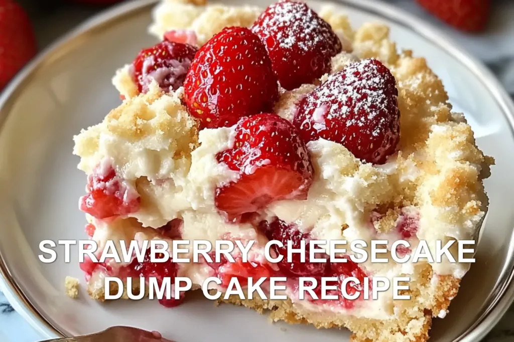 STRAWBERRY CHEESECAKE DUMP CAKE RECIPE centered hero view, clean and uncluttered