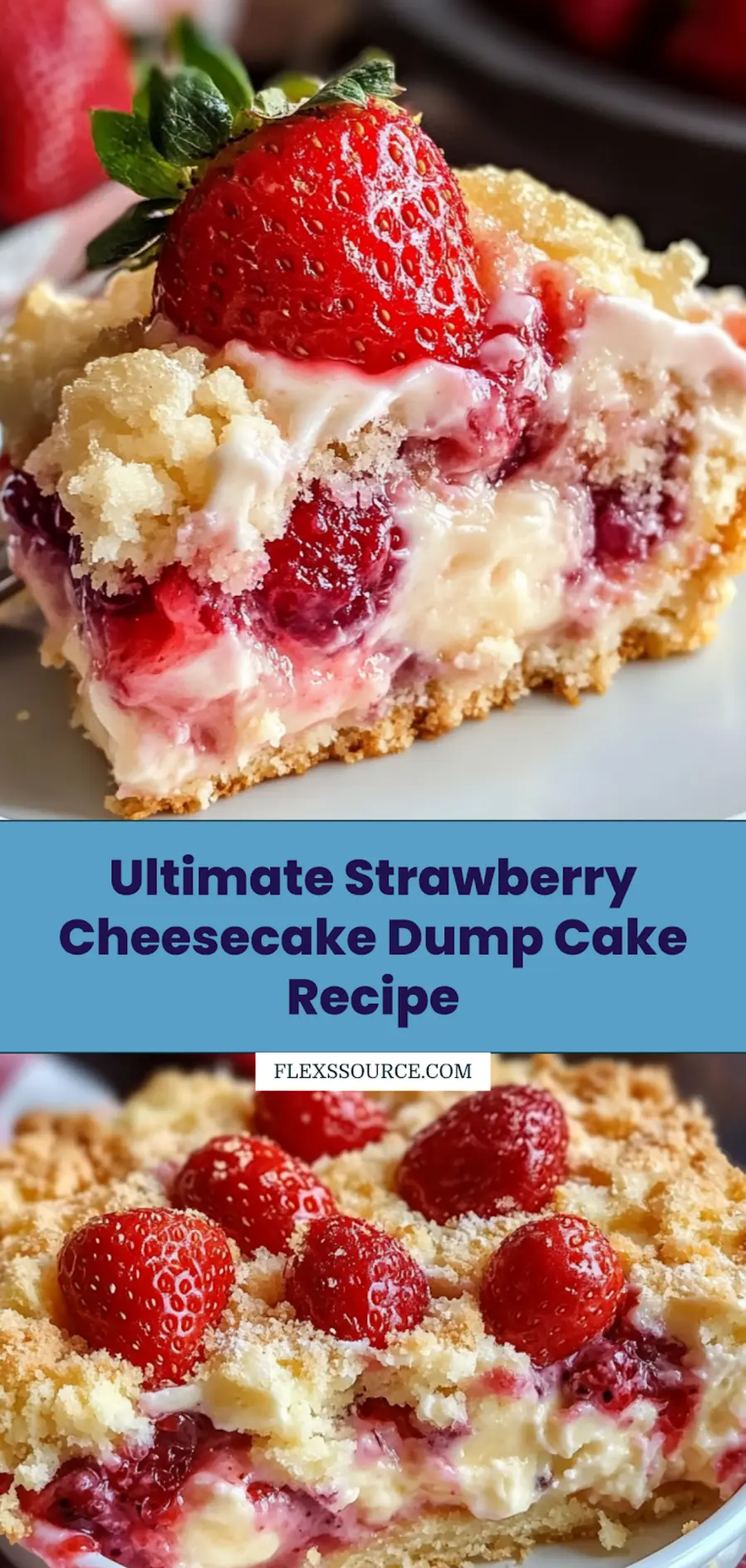 Slice of strawberry cheesecake dump cake on a white plate