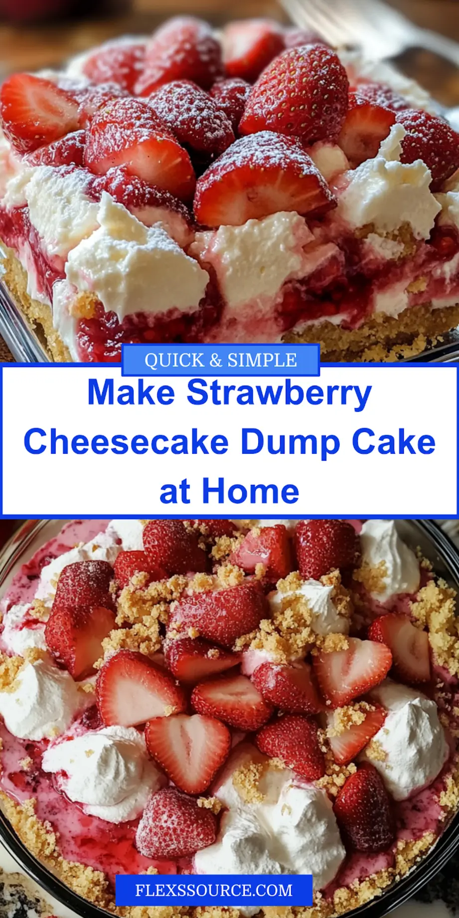 Baked Strawberry Cheesecake Dump Cake fresh out of the oven with golden crust