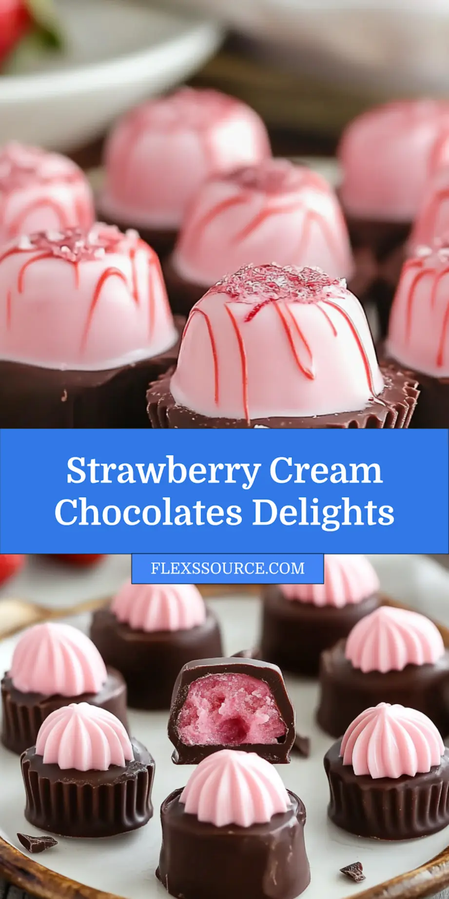 A finished batch of strawberry cream chocolates with pink centers