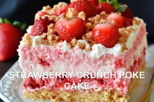 STRAWBERRY CRUNCH POKE CAKE centered hero view, clean and uncluttered