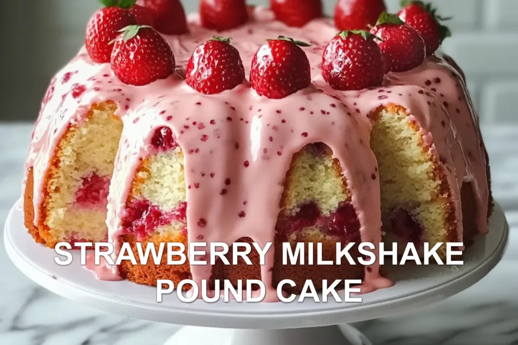 STRAWBERRY MILKSHAKE POUND CAKE centered hero view, clean and uncluttered