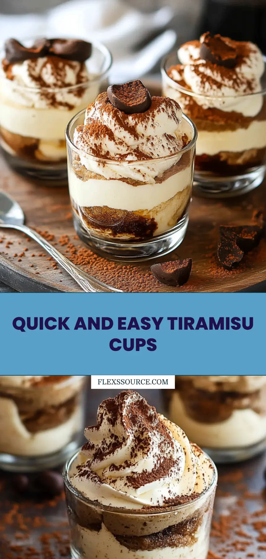 Podium view of finished tiramisu cups with cocoa dusting